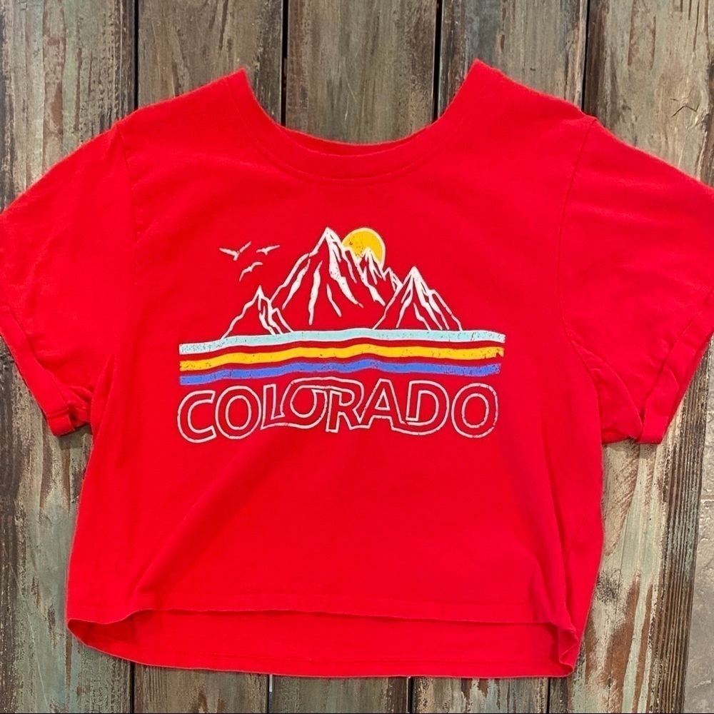 Colorado Crop T Shirt Love Peace & Lazy Days Red Womens Sz XL Roll Tab Sleeves